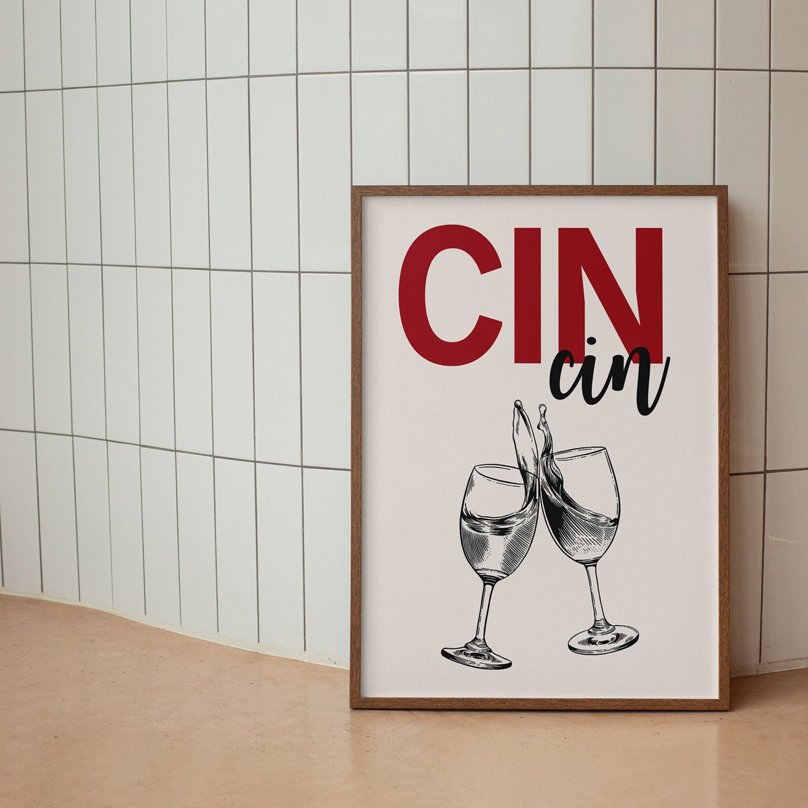 Cin Cin Cheers Poster with Clinking Wine Glasses Italian Bar Decor - Image 3