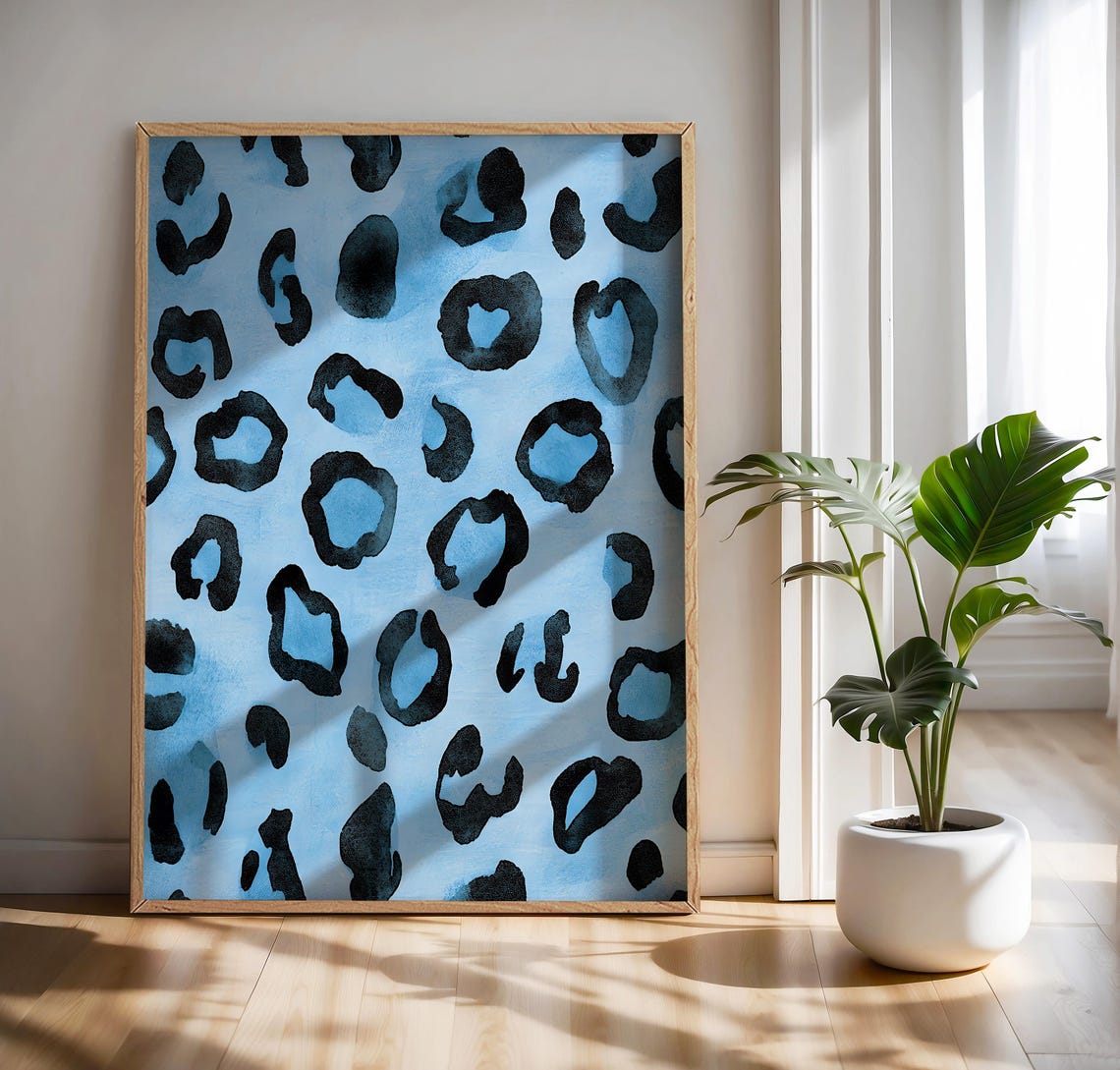 Blue Leopard Watercolor Maximalist Funky Animal Spot Pattern Poster - Image 4