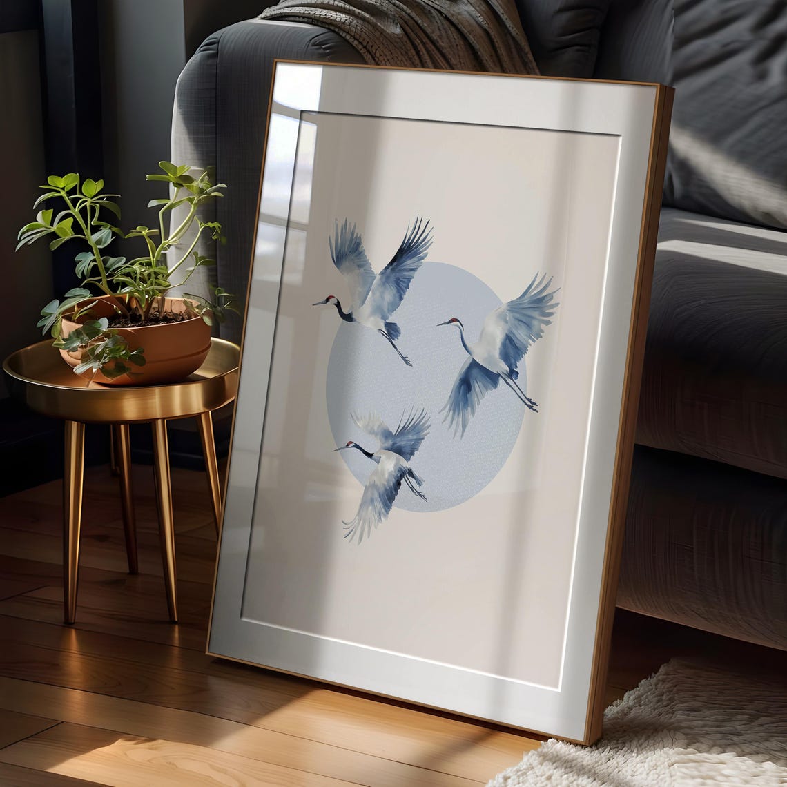 Three Flying Cranes Japanese Watercolor Bird Poster with Moon Art - Image 2