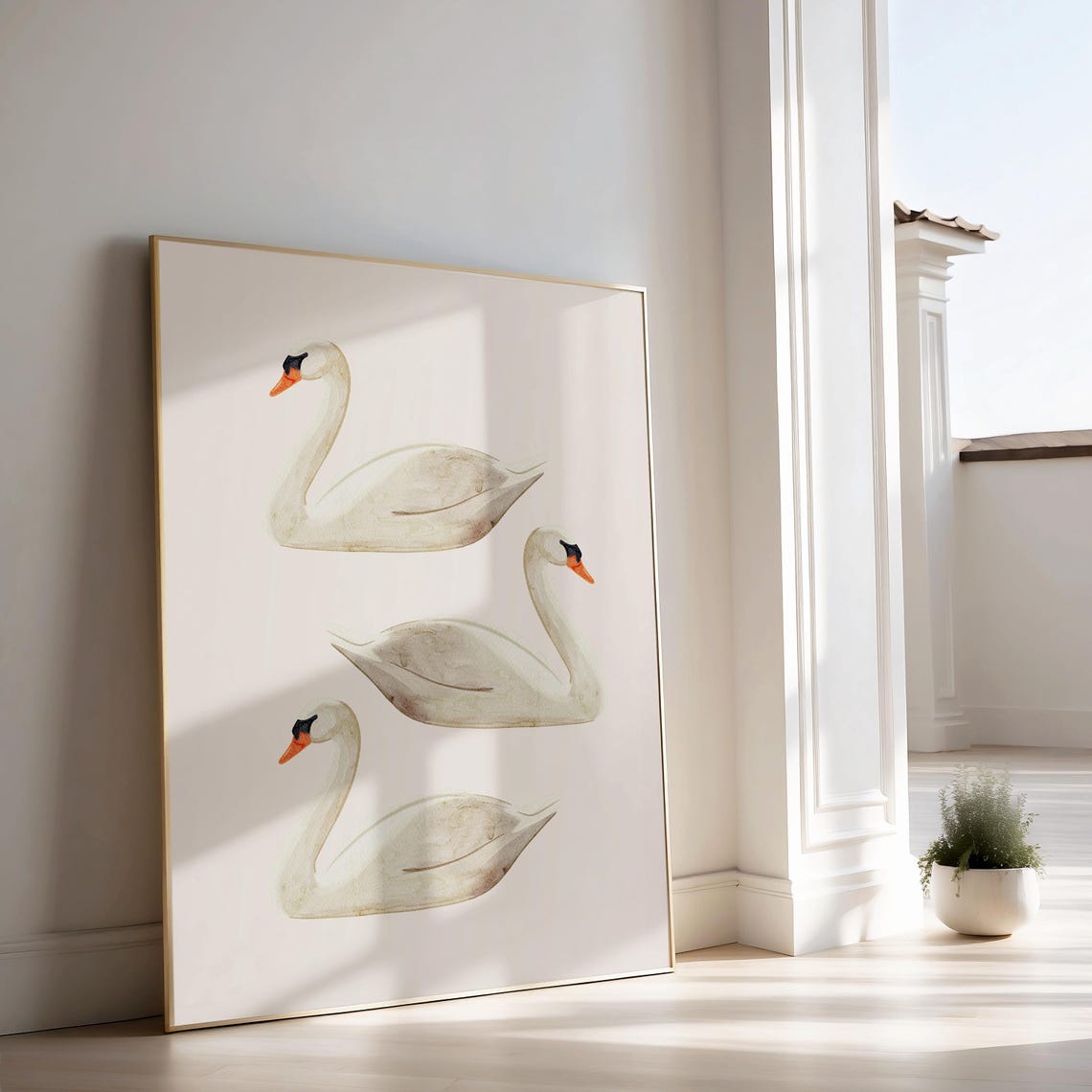 Three White Swans Watercolor Bird Painting Neutral Poster for Walls - Image 4