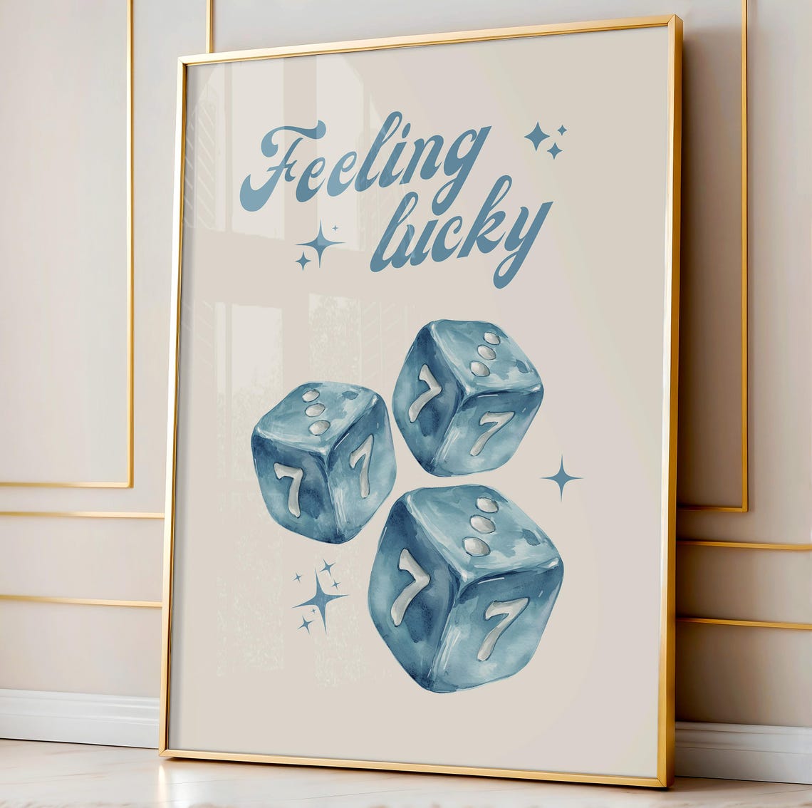 Feeling Lucky Blue Watercolor Dice Sevens Retro Casino Poster