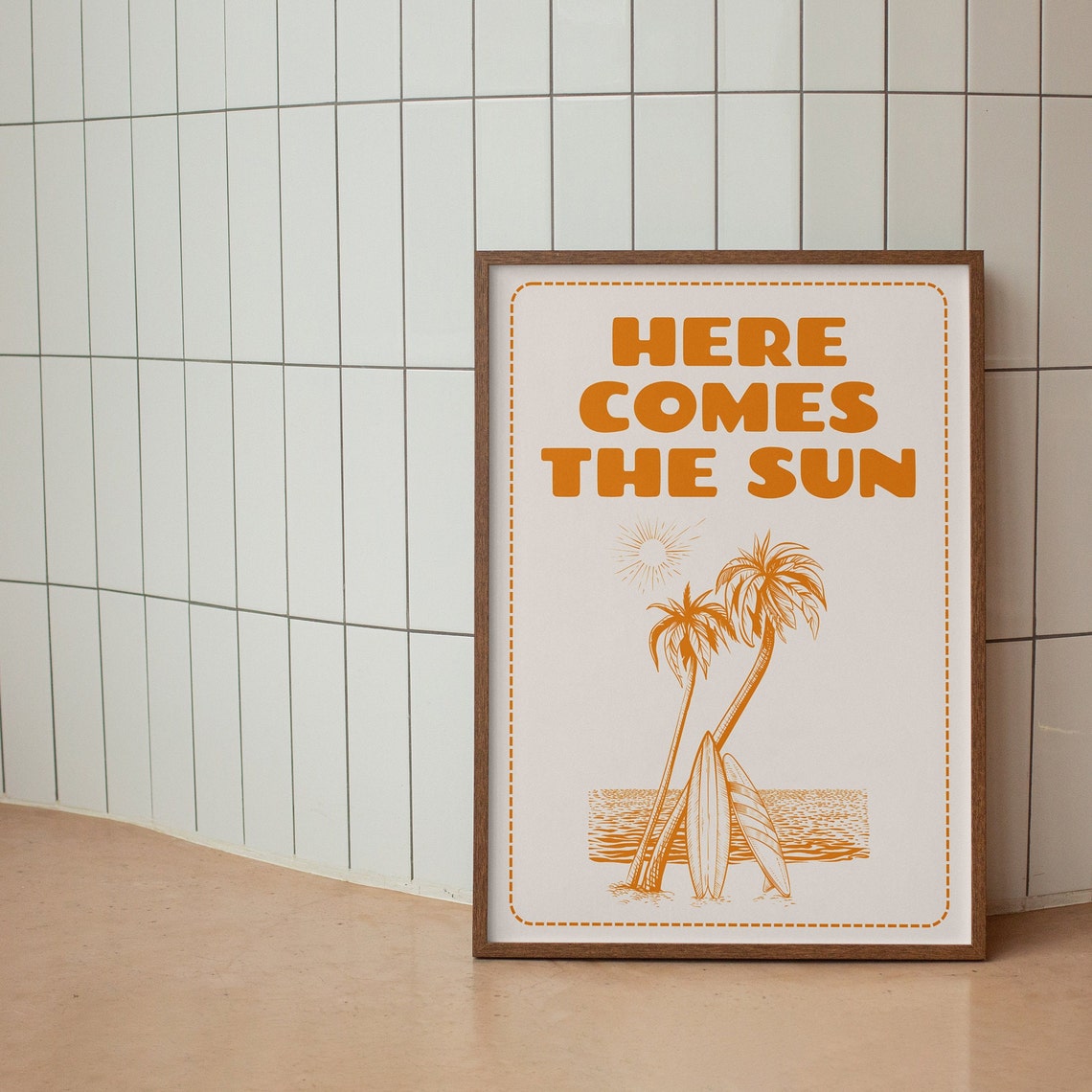 Here Comes the Sun Poster Orange Palms and Surfboards Beach Decor - Image 3
