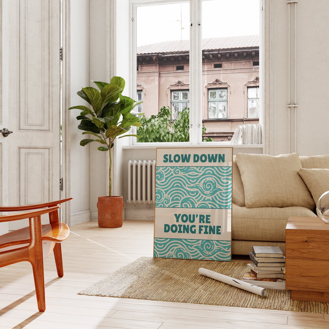 Slow Down You're Doing Fine Teal Wave Japanese Style Coastal Quote Poster - Image 2