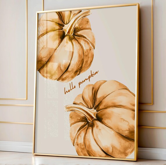 Hello Pumpkin Beige Watercolor Pumpkins Fall Autumn Halloween Decor Poster