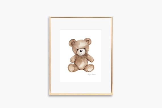 Neutral Watercolor Teddy Bear Cute Nursery Baby Room Art Poster