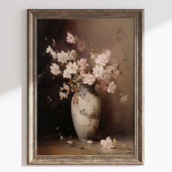 Blush Pink Blossoms in Vintage Vase Dark Moody Floral Still Life Poster