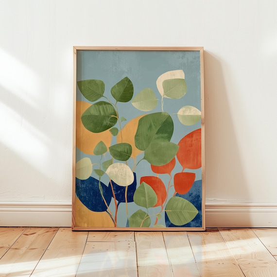 Abstract Botanical Leaf Print Colorful Midcentury Modern Art