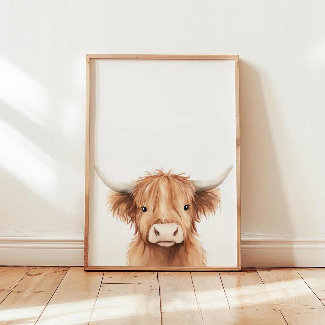Peeking Highland Cow Minimalist Farm Nursery Watercolor Poster