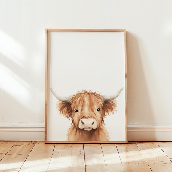 Peeking Highland Cow Minimalist Farm Nursery Watercolor Poster