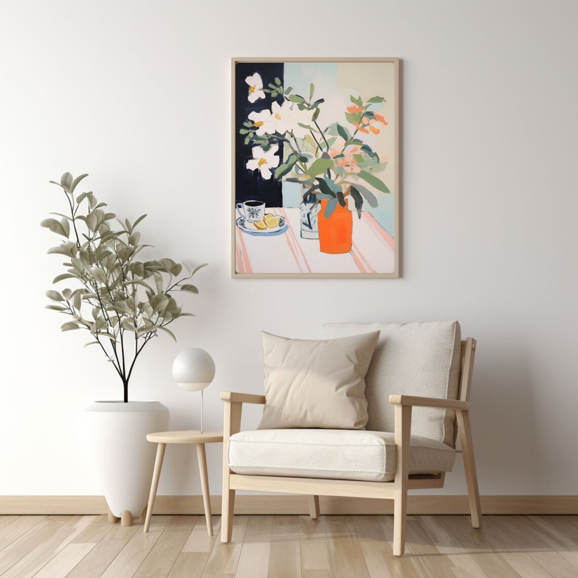 White Flowers in Orange Vase with Coffee and Lemons Still Life Poster - Image 2