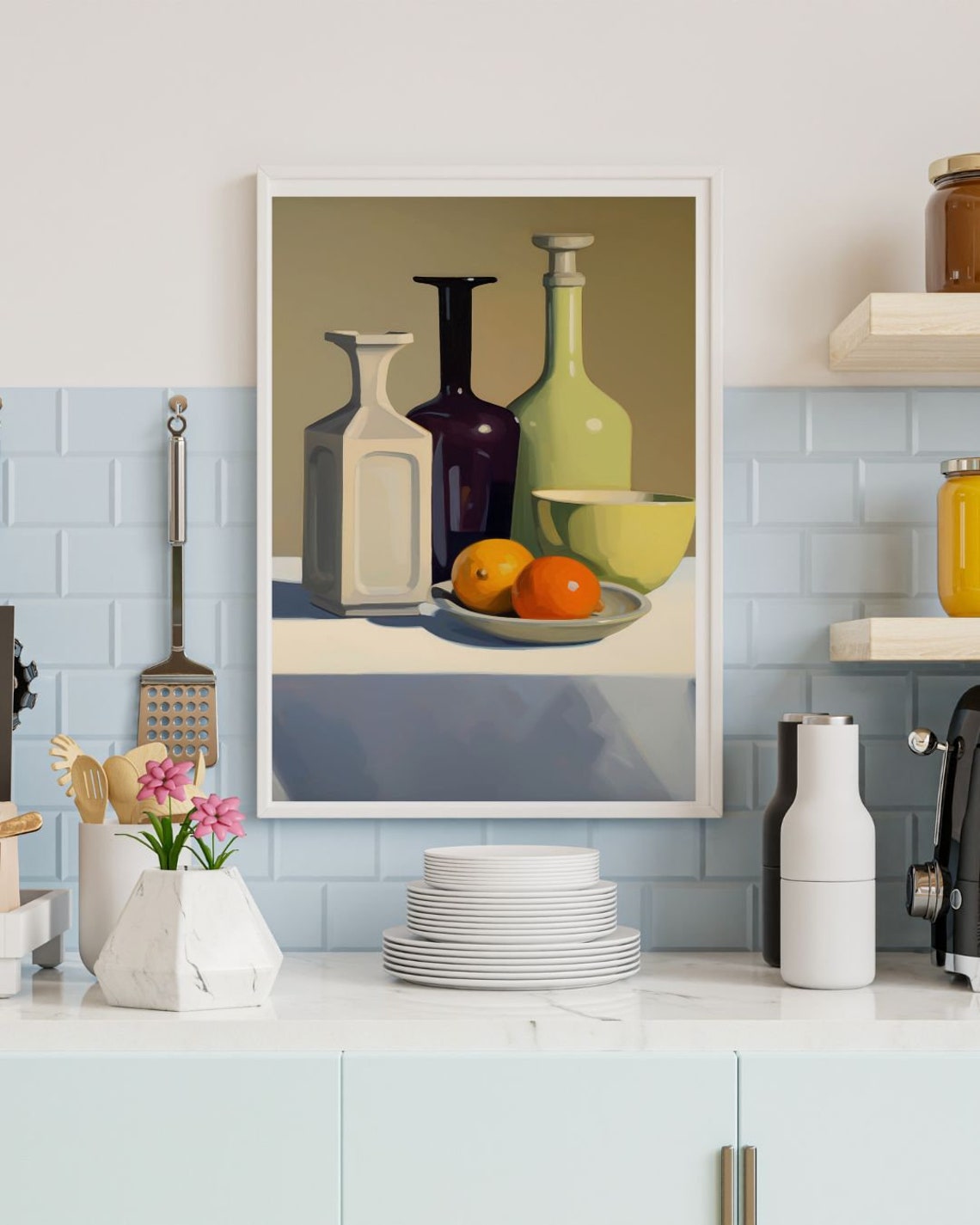 Modern Still Life with Wine Bottles Bowl and Oranges Dining Poster - Image 3