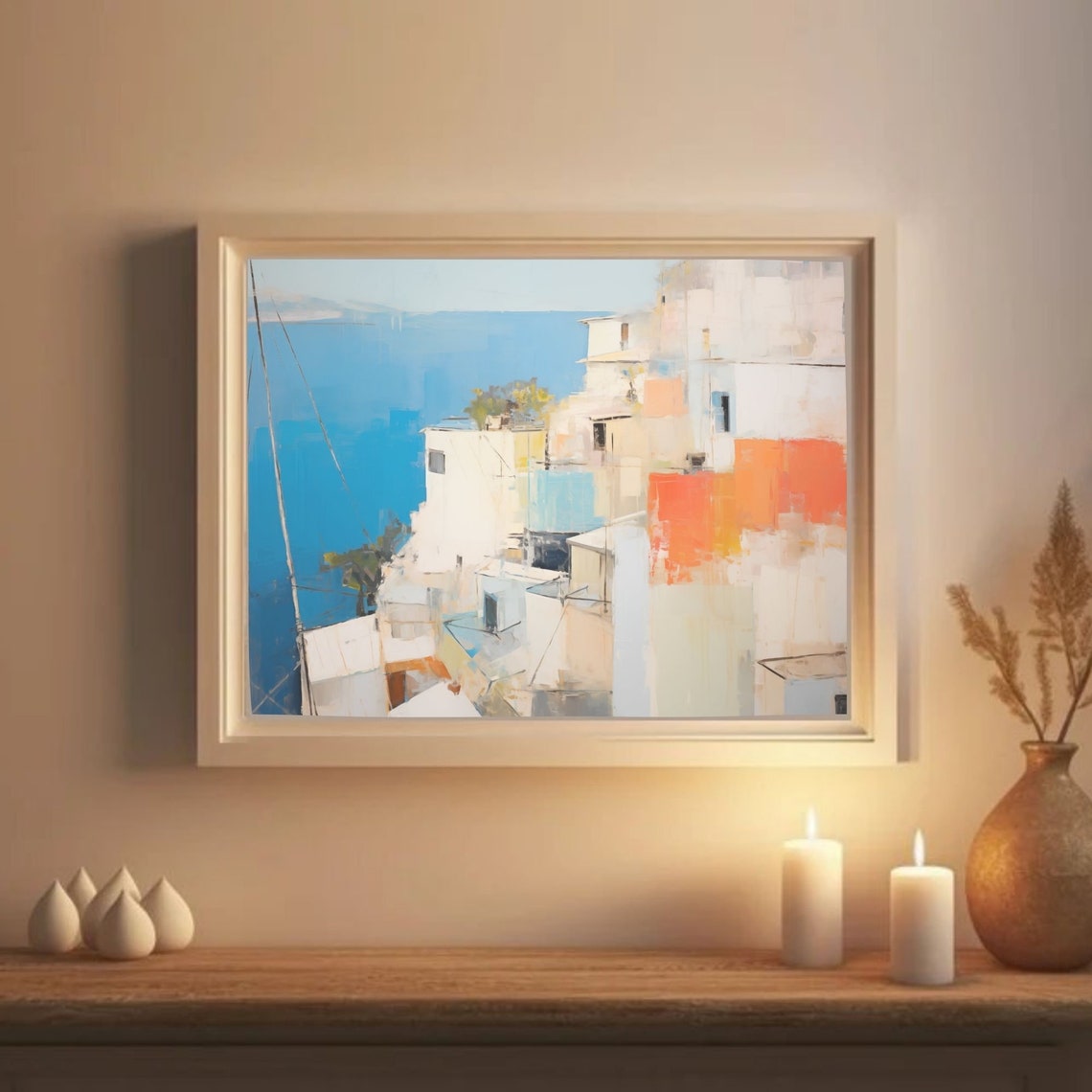Colorful Abstract Mediterranean Coastal Town Blue Sea Poster - Image 3