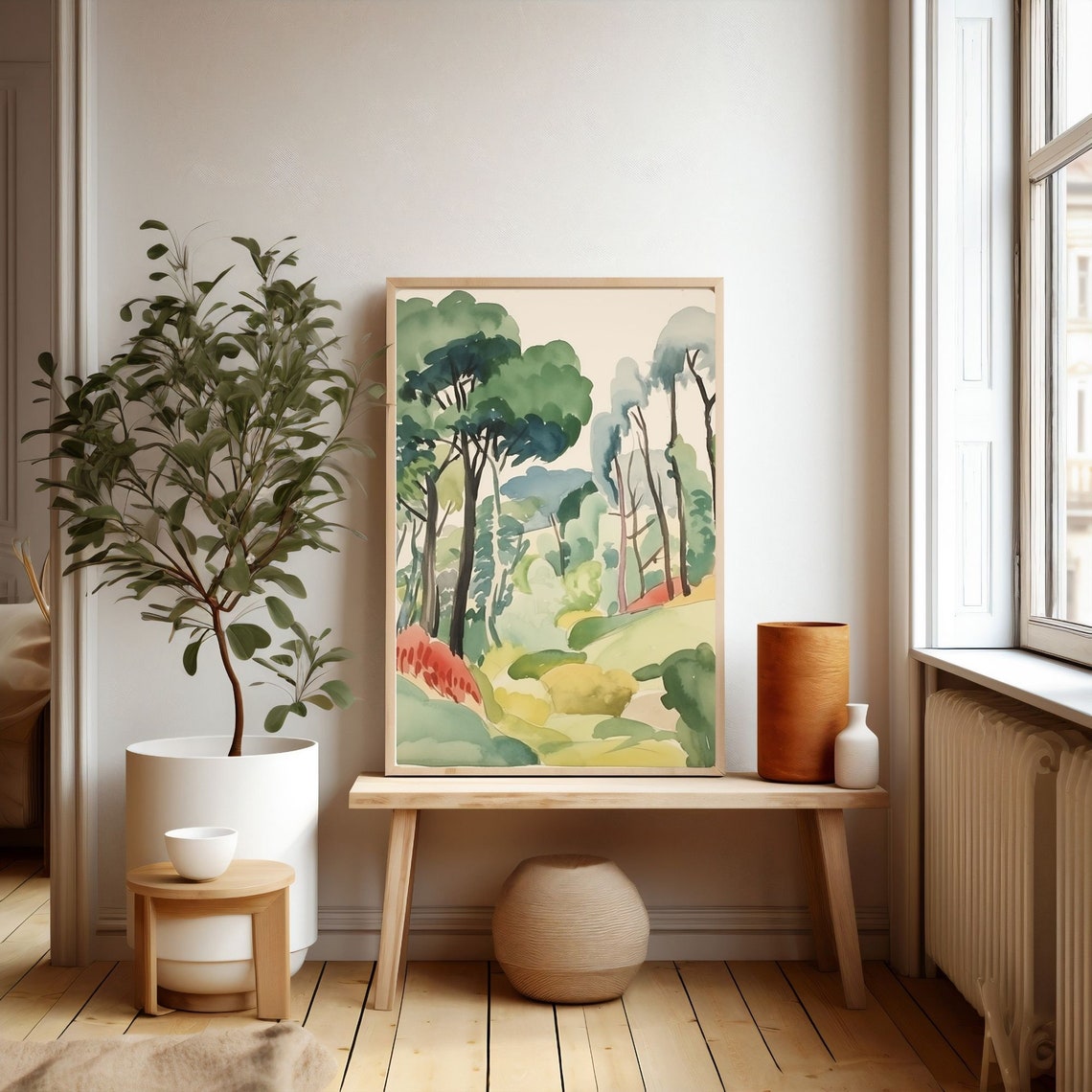 Tall Green Pines in a Dreamy Watercolor Forest Landscape Poster - Image 3