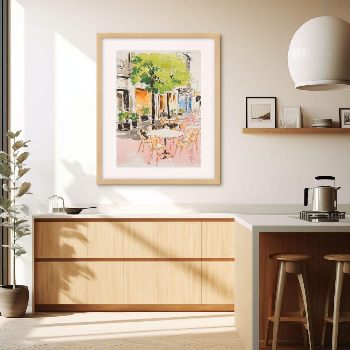 Parisian Street Cafe Sketch Under Green Tree Watercolor Poster - Image 2
