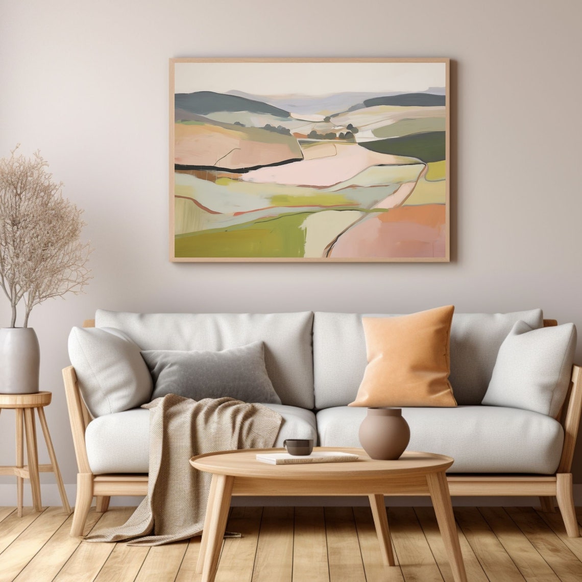 Rolling Pink Hills and Olive Green Abstract Countryside Poster - Image 3