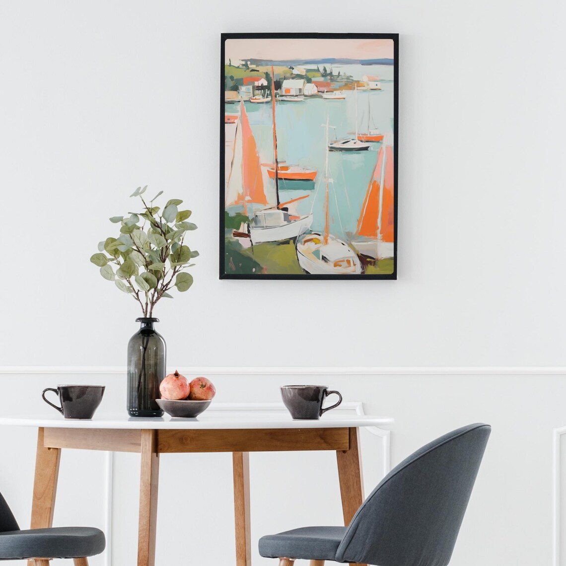 Sailboats In Harbor With Orange Sails Coastal Painting Poster - Image 3