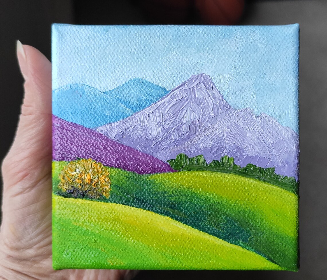 Purple Blue Mountain Peaks Over Green Rolling Hills Landscape Art Poster