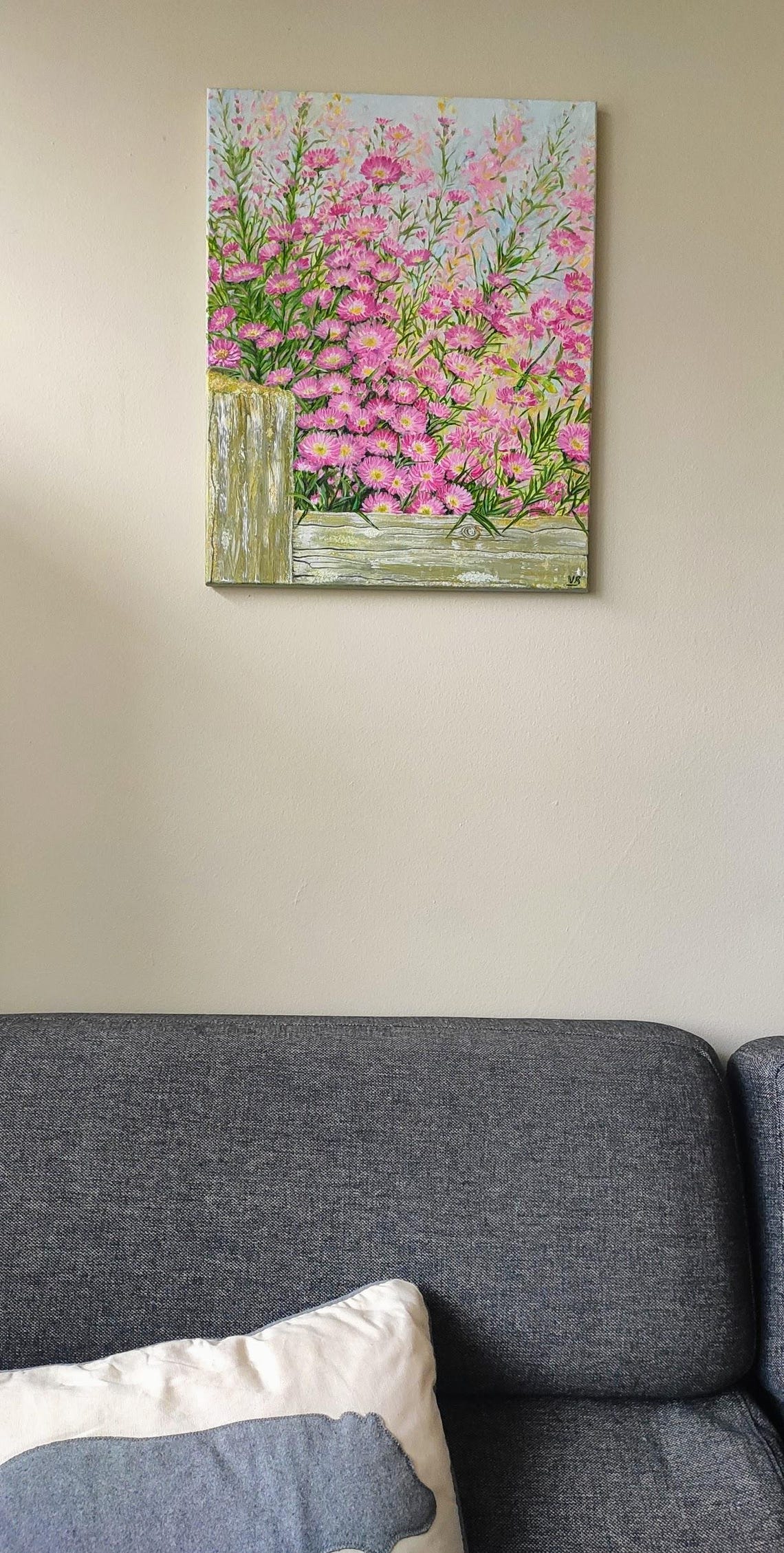 Asters Original Handmade Oil Painting On Alpine Bushy Aster Flowers By The Fence Painting Floral Wall Art One Of A Kind Gift - Image 2