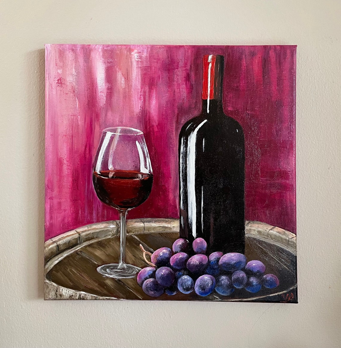 Bottle And Glass Of Red Wine Original Handmade Oil Painting On Bunch Of Grapes Barrel Of Wine Painting One Of A Kind Gift