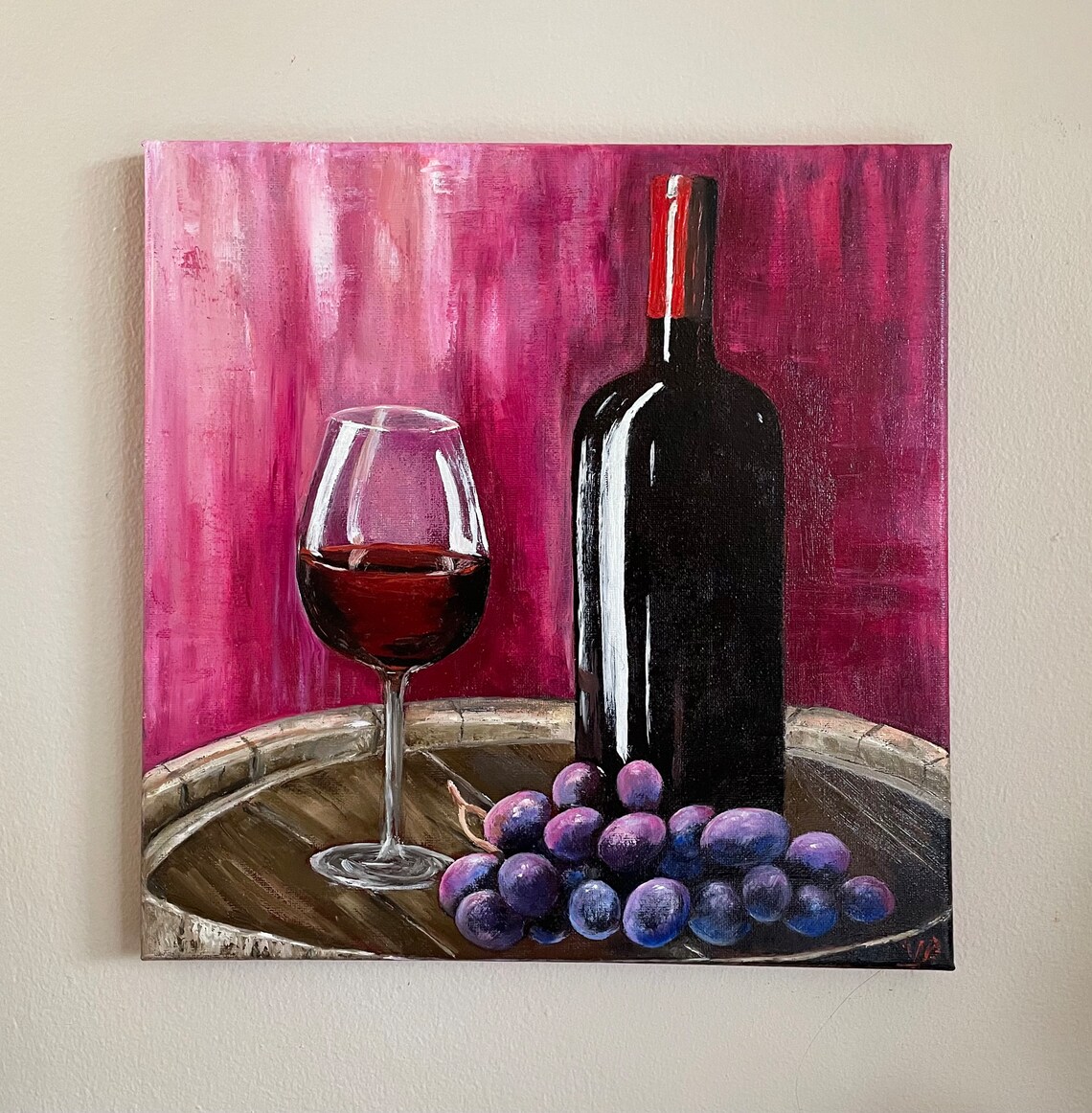 Red Wine Bottle Glass Grapes Still Life Oil Painting Kitchen Wall Art