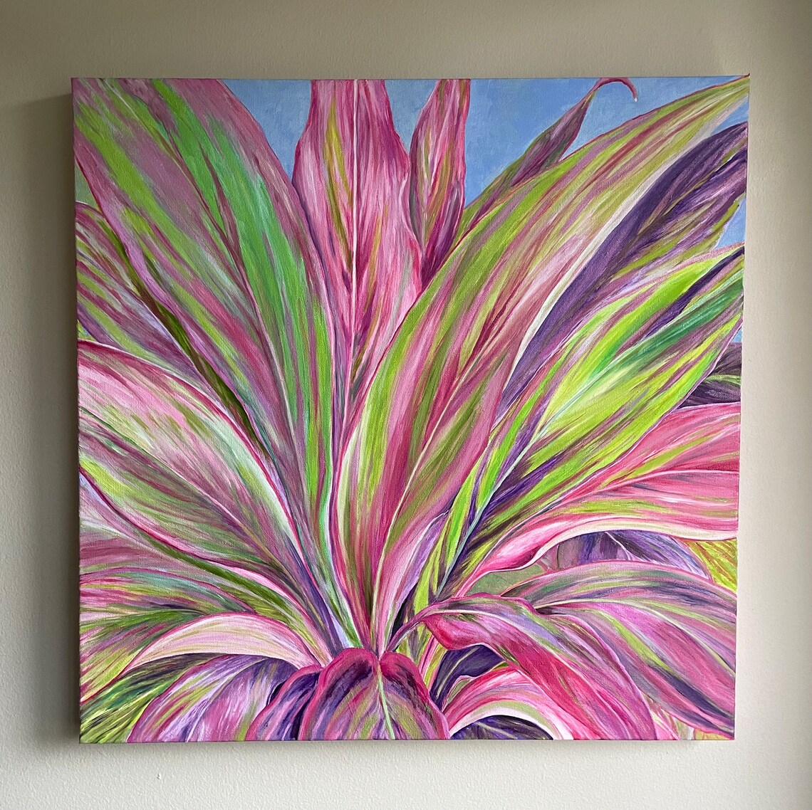 Pink Green Tropical Ti Plant Leaves Botanical Oil Painting Wall Art - Image 3