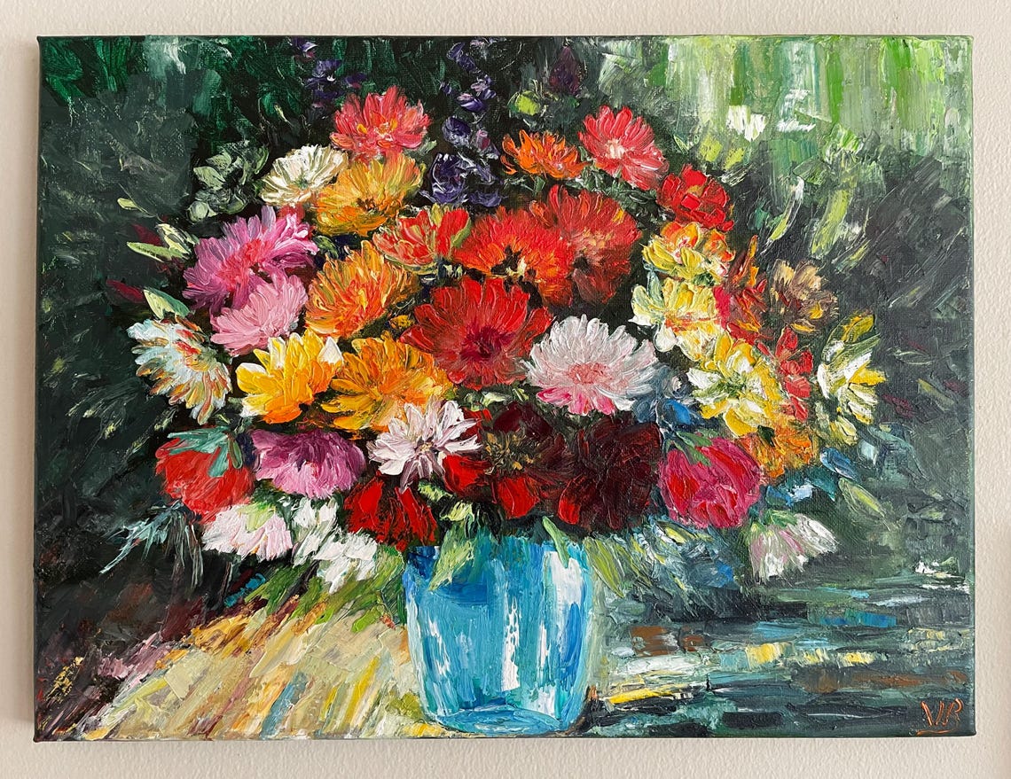 Autumn Flower Bouquet Blue Vase Colorful Impressionist Oil Wall Art - Image 3