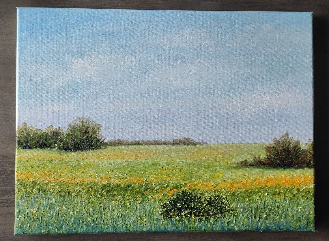 Green Summer Meadow Wheat Field Blue Sky Country Landscape Wall Art