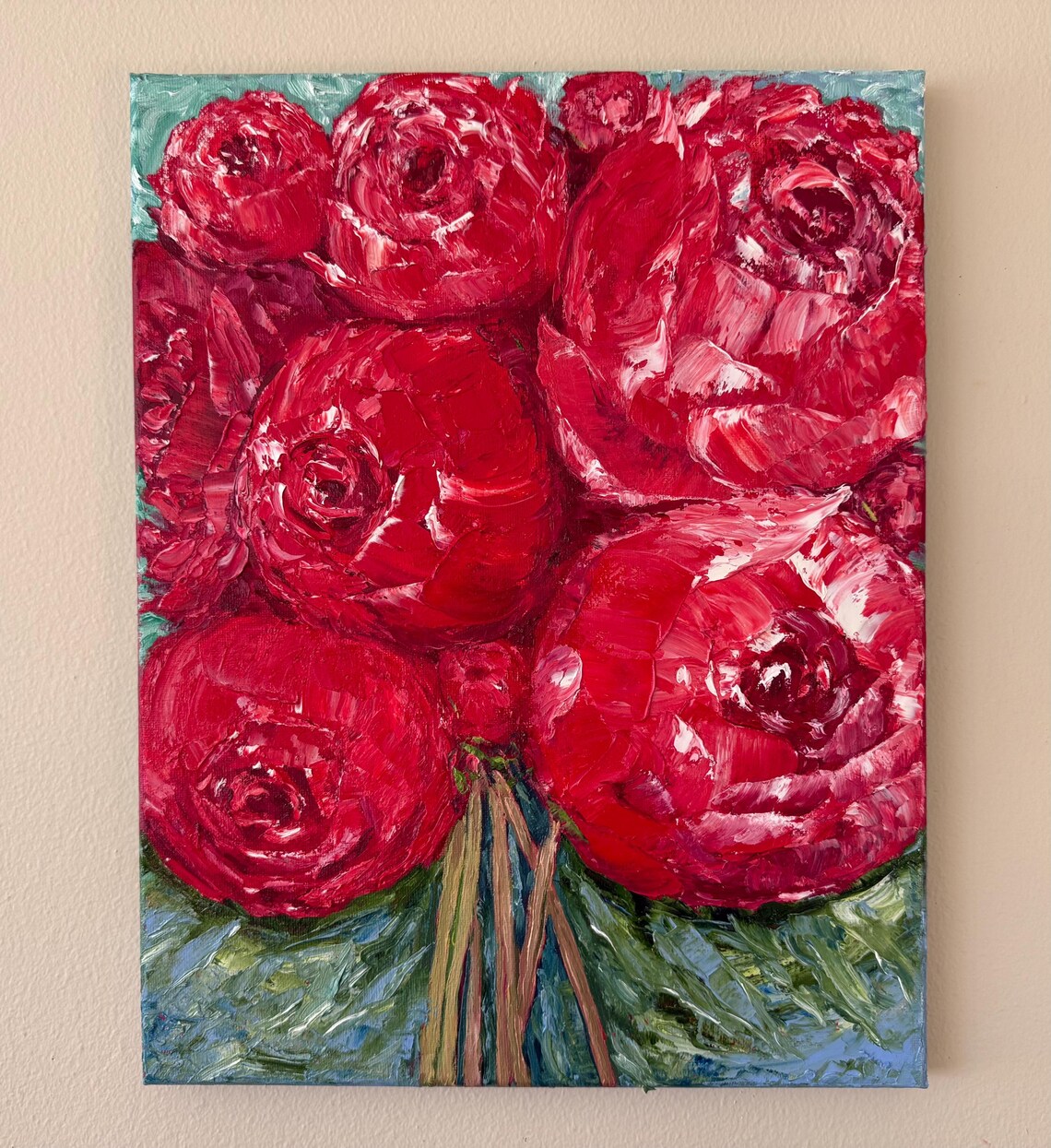Bold Red Roses Impasto Close Up Floral Oil Painting Wall Art Poster