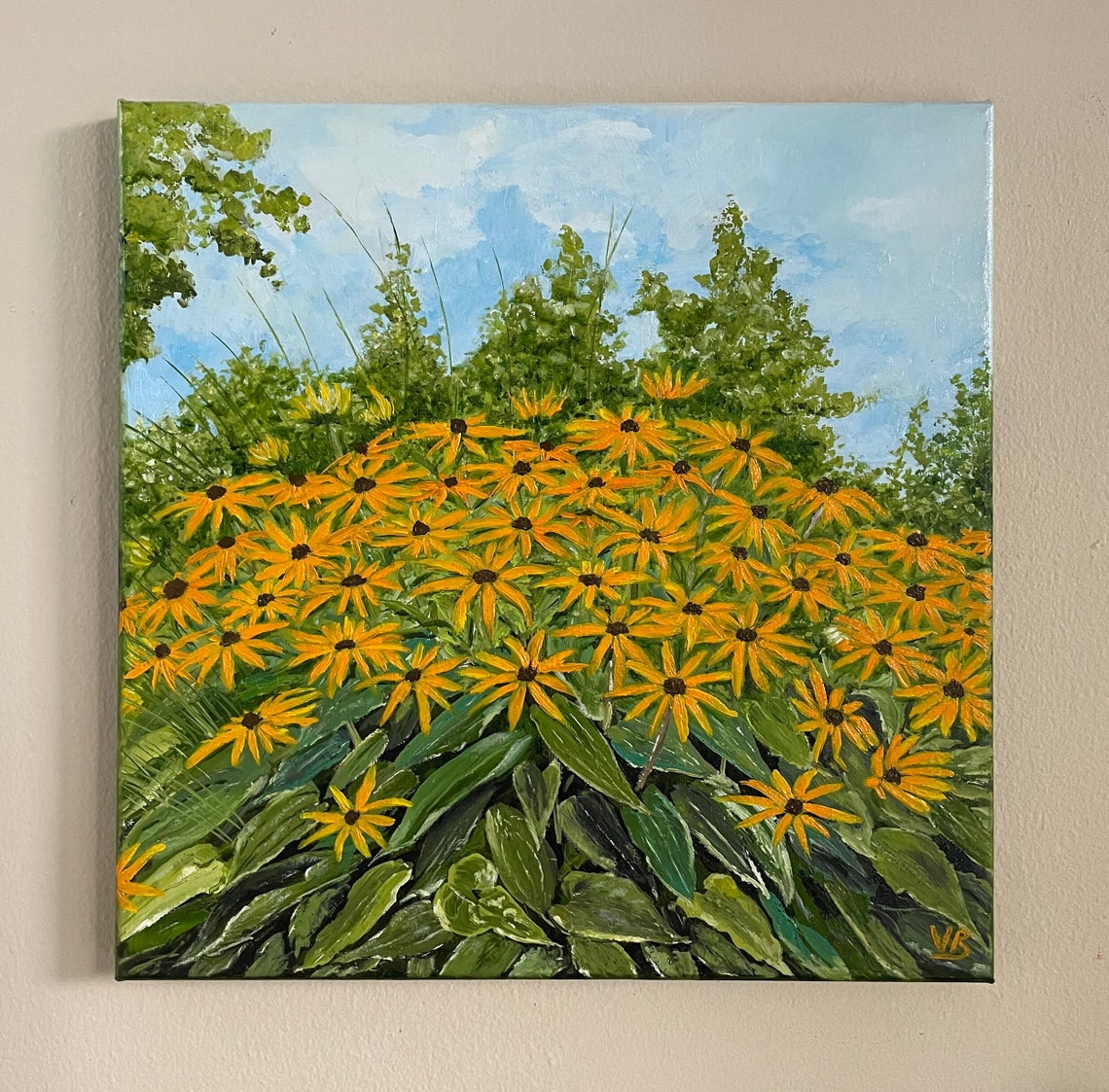 Yellow Rudbeckia Daisy Summer Blooms Blue Sky Oil Painting Wall Art
