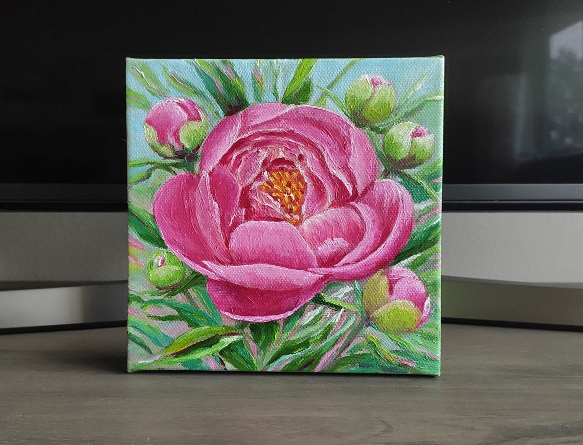 Pink Peony Garden Bloom Buds Original Oil Painting Floral Wall Art - Image 2