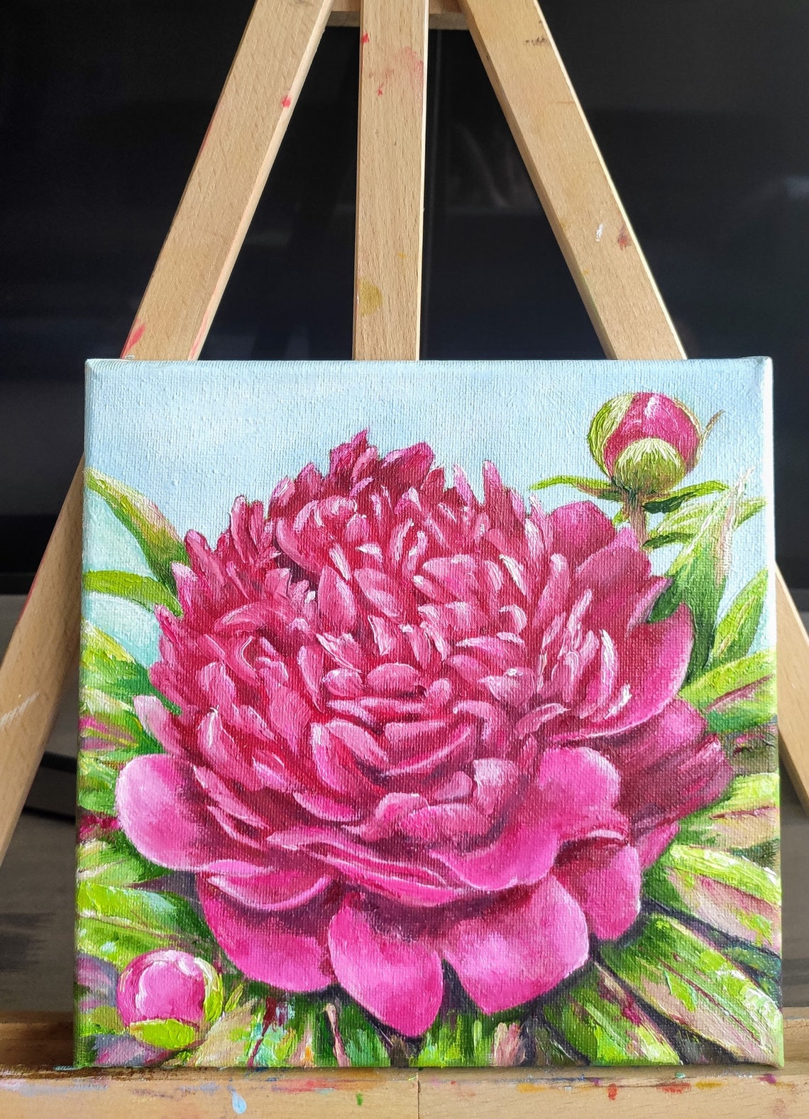 Blooming Pink Peony Buds Blue Sky Square Floral Oil Painting Poster - Image 4