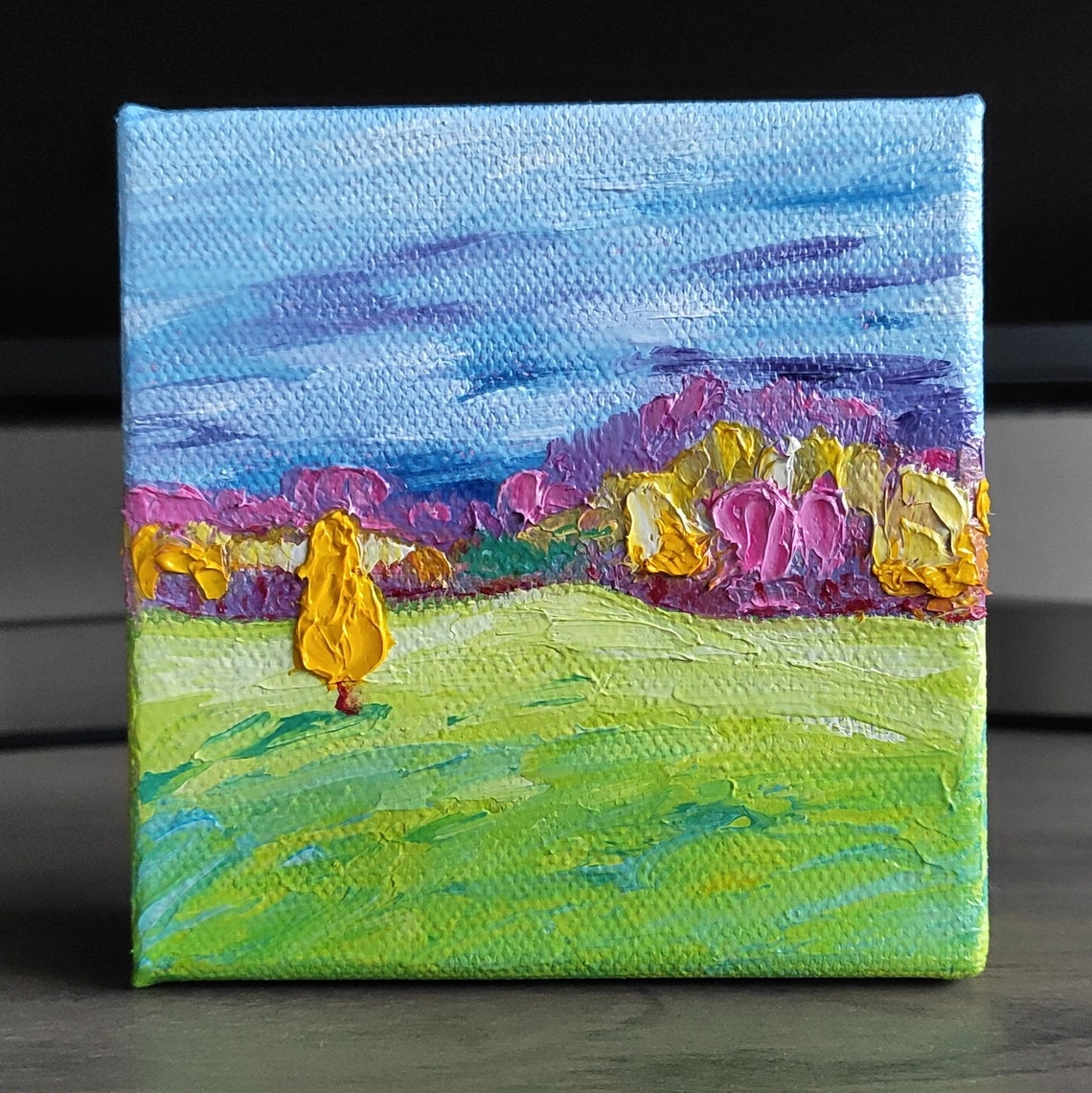 Colorful Abstract Country Landscape Green Field Pink Trees Mini Poster - Image 4