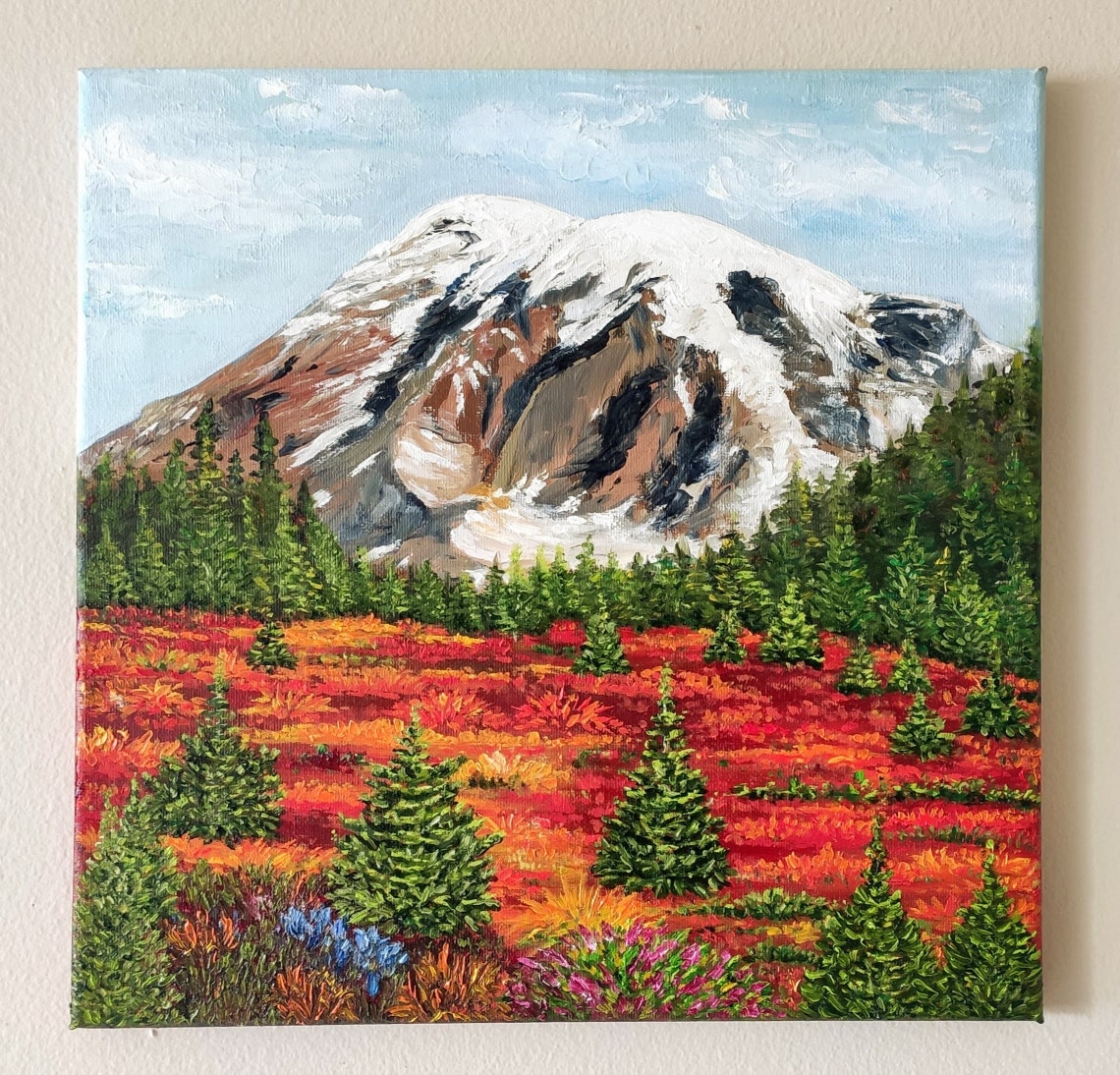 Mount Rainier Snow Peak Autumn Meadow Evergreen Landscape Painting Art - Image 4