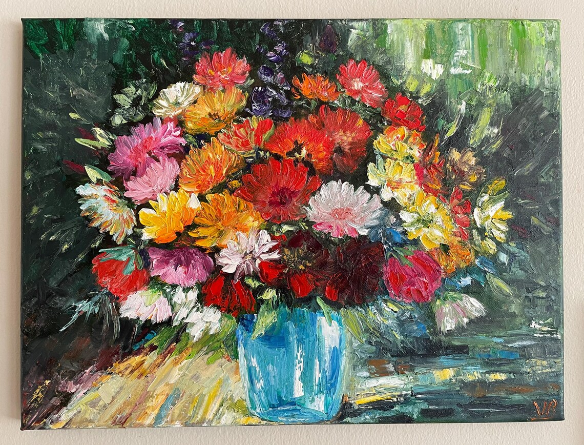 Autumn Flower Bouquet Blue Vase Colorful Impressionist Oil Wall Art - Image 2