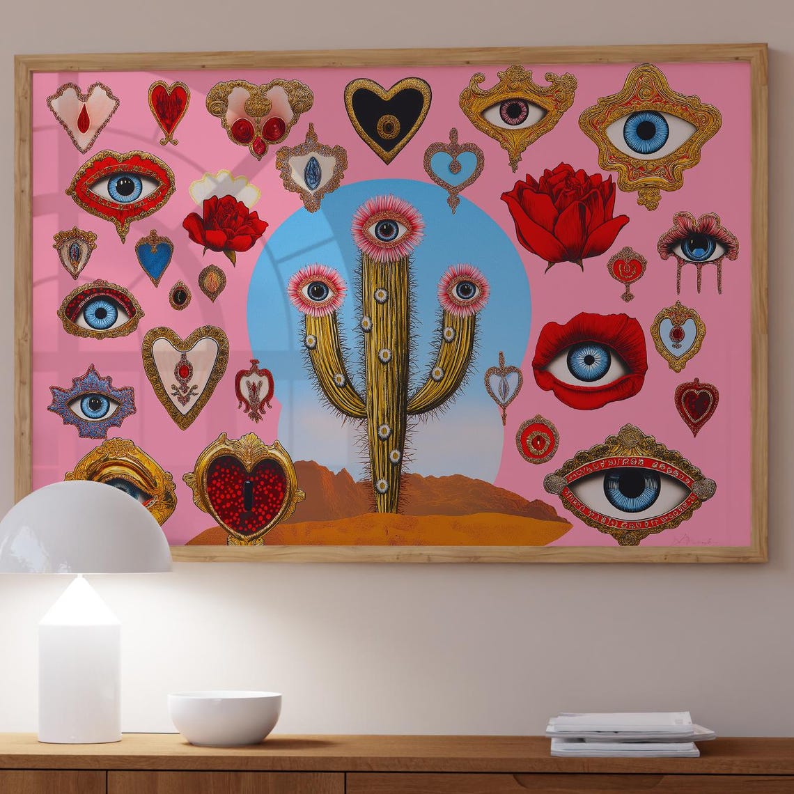 Surrealist Eye Cactus Pink Desert Hearts Maximalist Art Print