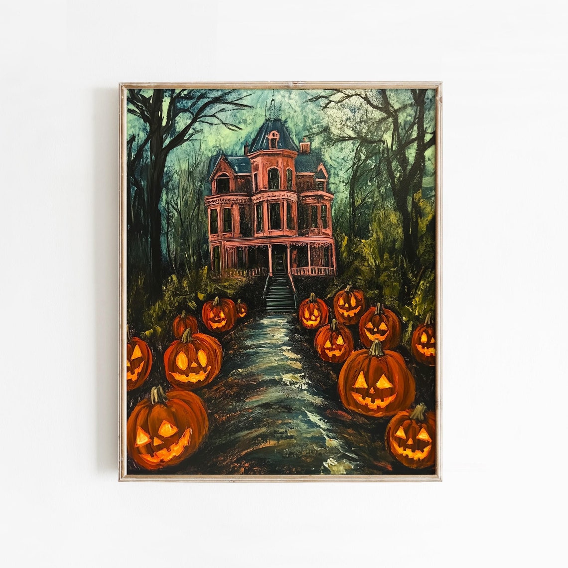 Haunted House with Glowing Jack O Lanterns Spooky Halloween Wall Art