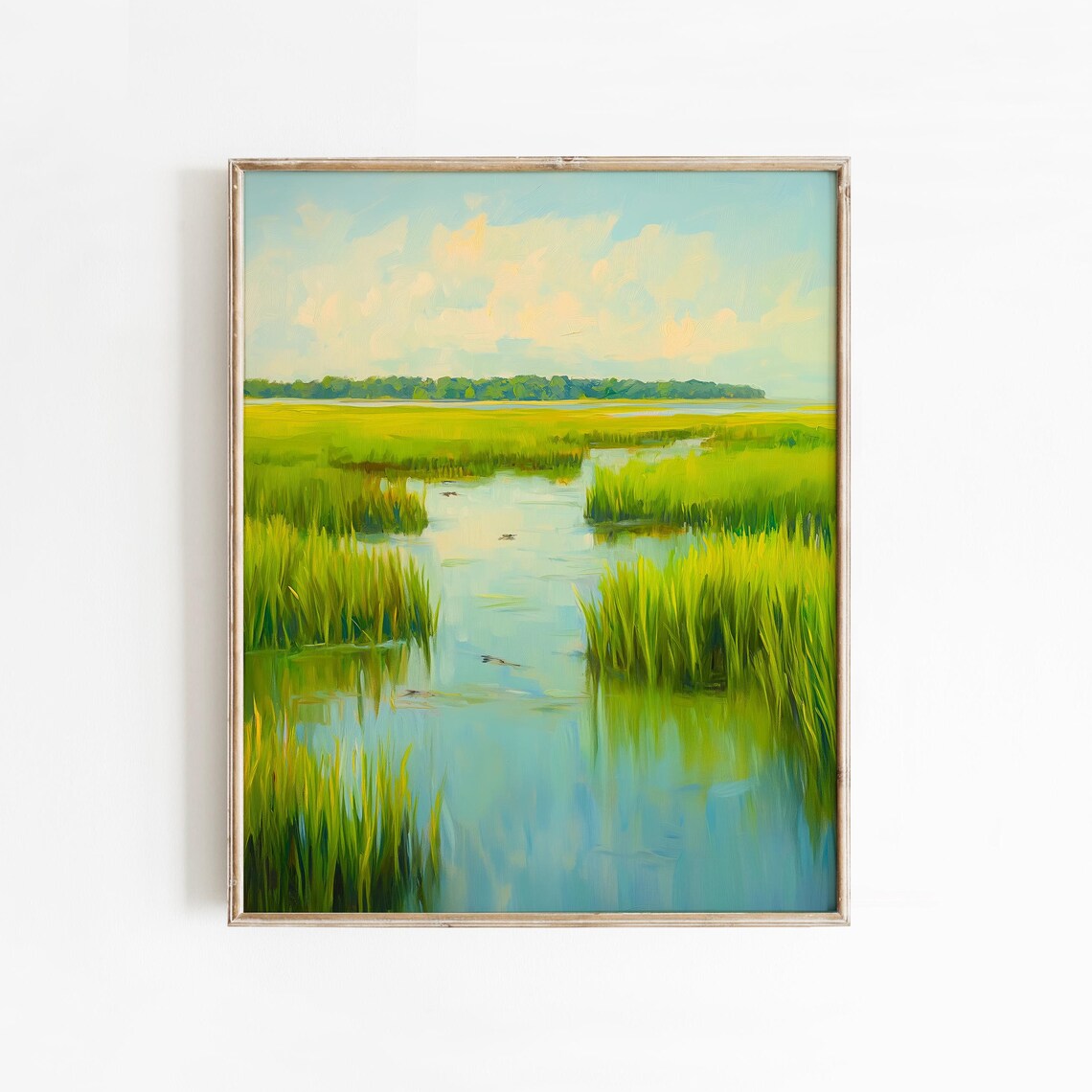 Green Salt Marsh Waterway Serene Wetland Landscape Painting Wall Art