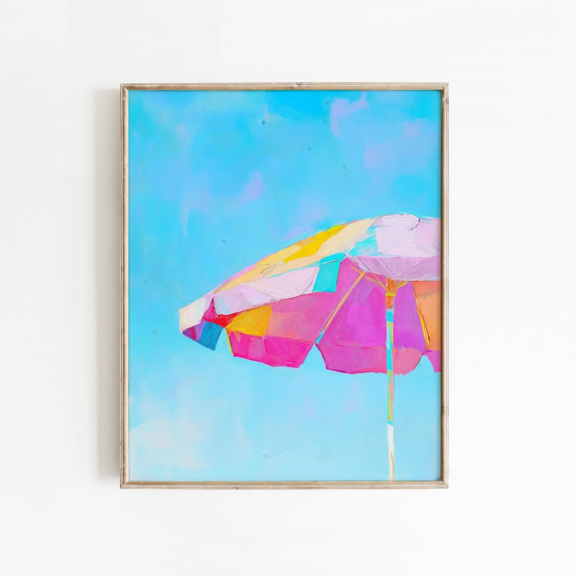 Pink Striped Beach Umbrella Close Up Bright Blue Sky Summer Wall Art