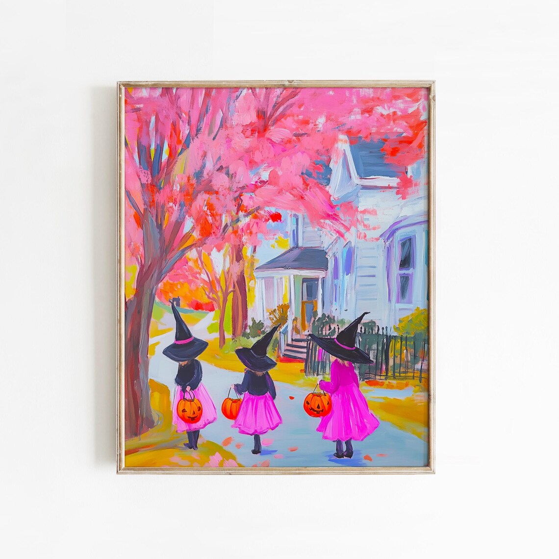Three Little Witches Trick or Treating Cute Halloween Night Wall Art