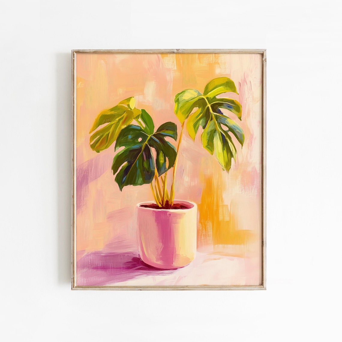 Monstera in Pink Pot Bold Tropical Leaf Painting Modern Wall Art