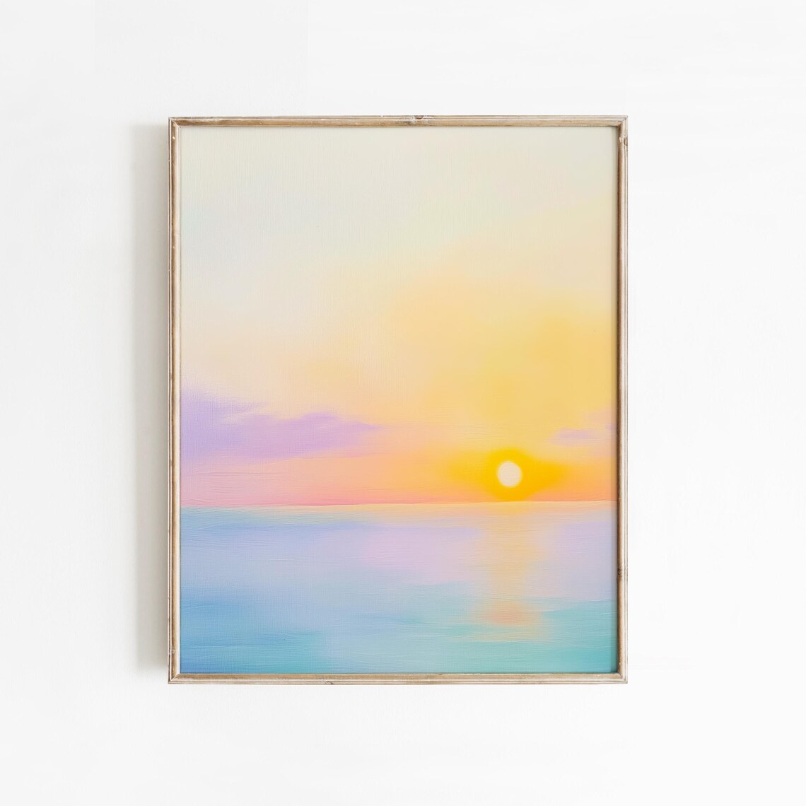 Minimalist Ocean Sunset Pastel Peach Sky Calm Sea Painting Wall Art