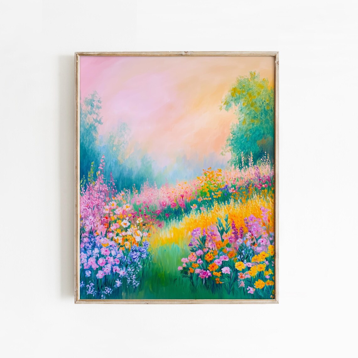 Wildflower Meadow at Sunrise Colorful Floral Field Painting Wall Art