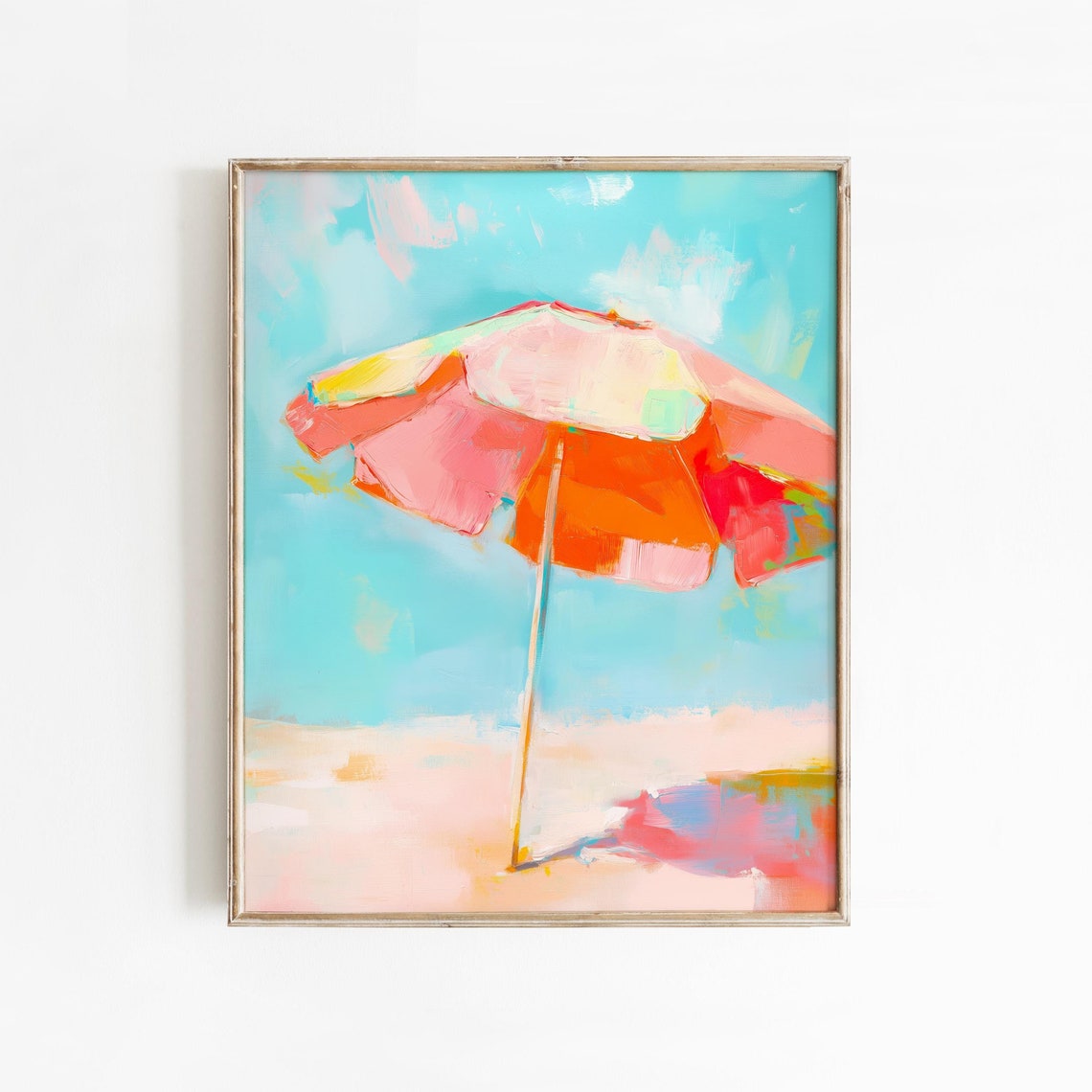 Coral Beach Umbrella Against Turquoise Sky Painterly Summer Wall Art