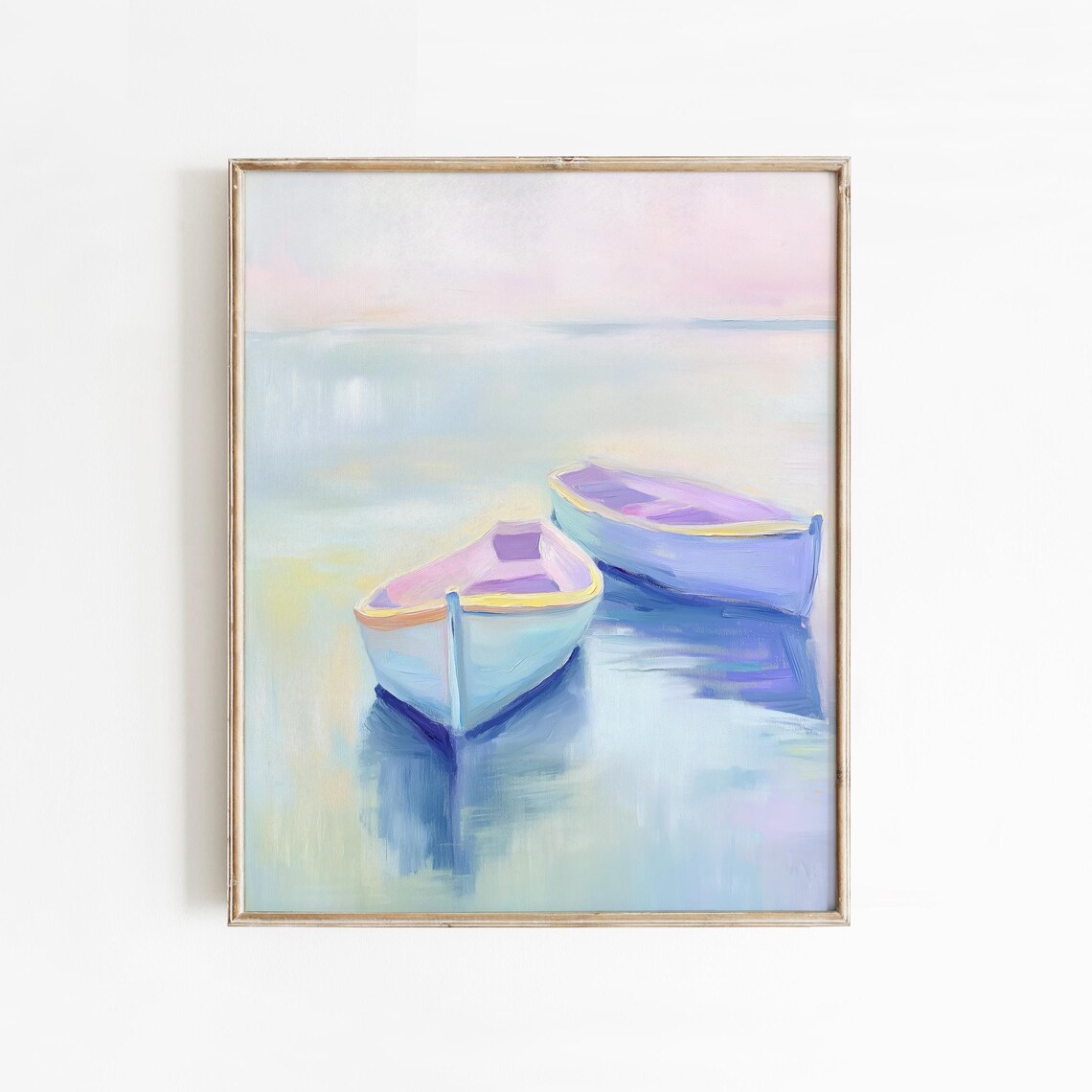 Two Pastel Rowboats at Sunrise Calm Water Impressionist Wall Art