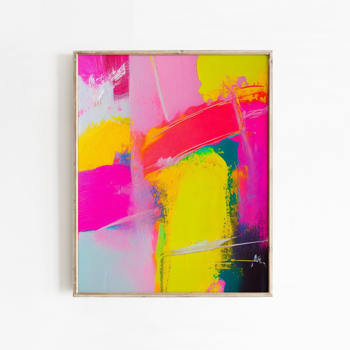 Neon Pink Chartreuse Purple Electric Brushstroke Abstract Poster