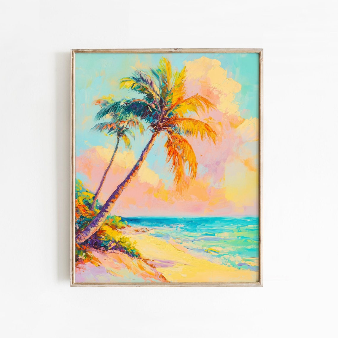 Leaning Palm Tree Tropical Beach Sunset Pastel Ocean Painting Wall Art