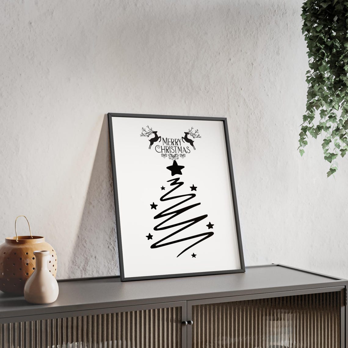 Merry Christmas Reindeer Line Art Tree Minimalist Black Poster - Image 2