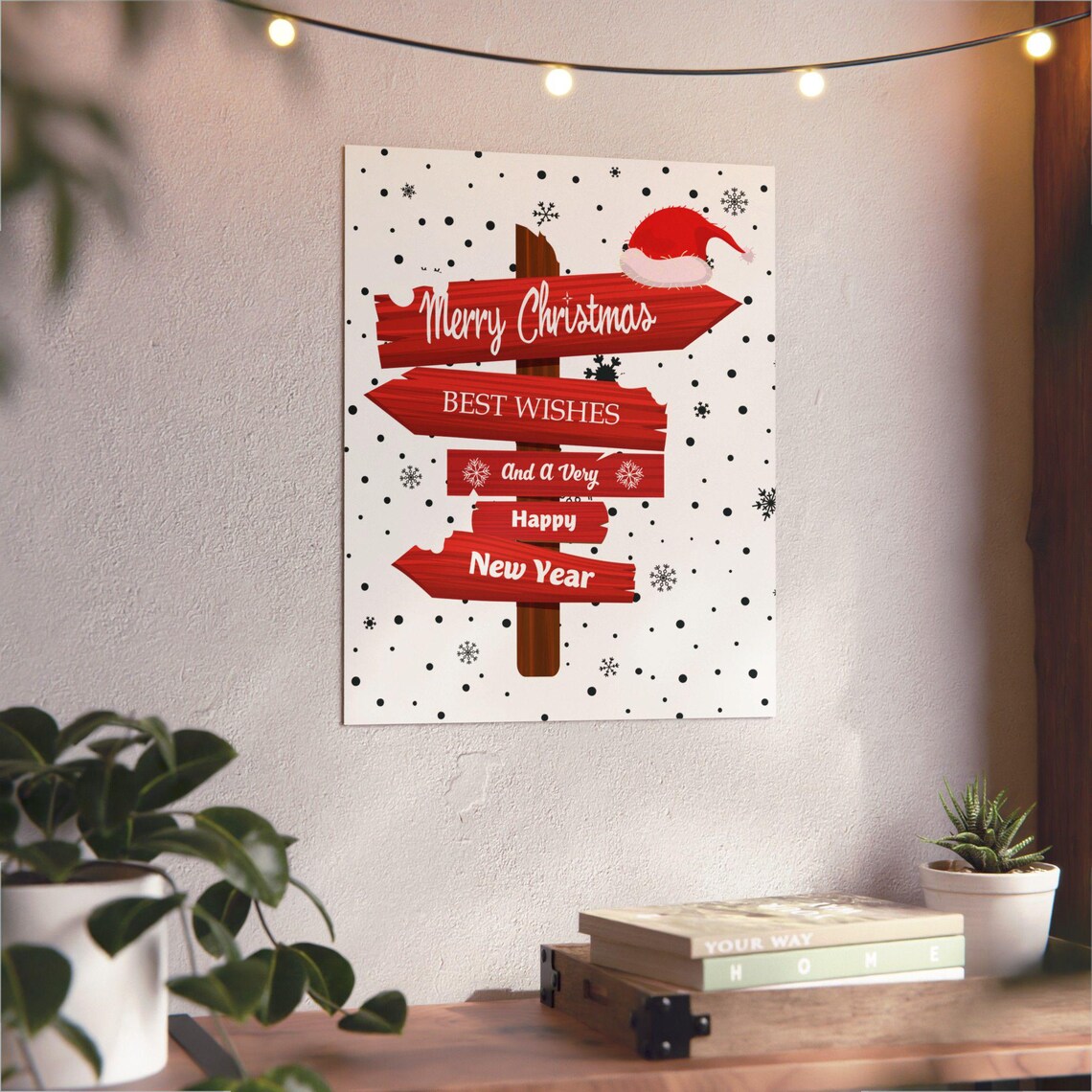 Merry Christmas Wooden Signpost Happy New Year Red Plank Poster - Image 3