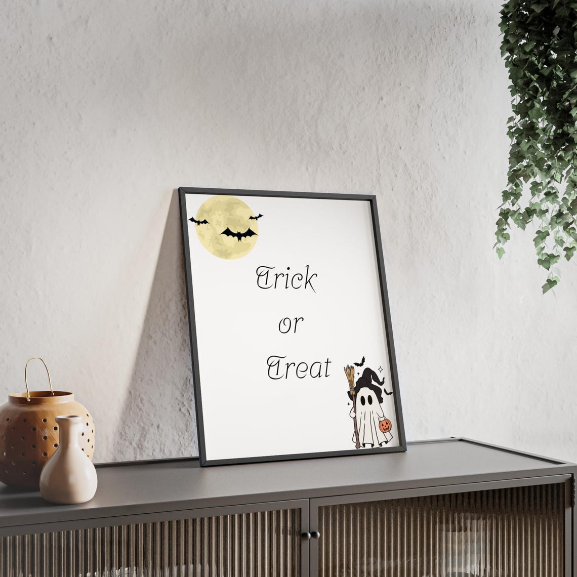 Trick Or Treat Cute Ghost Pumpkin Moonlit Starry Halloween Poster