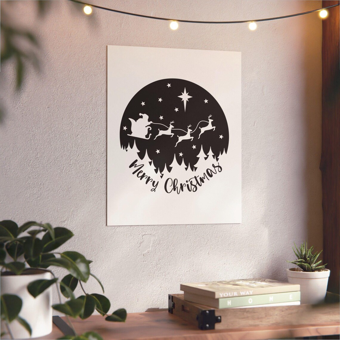 Merry Christmas Santa Sleigh Reindeer Black Moon Night Poster